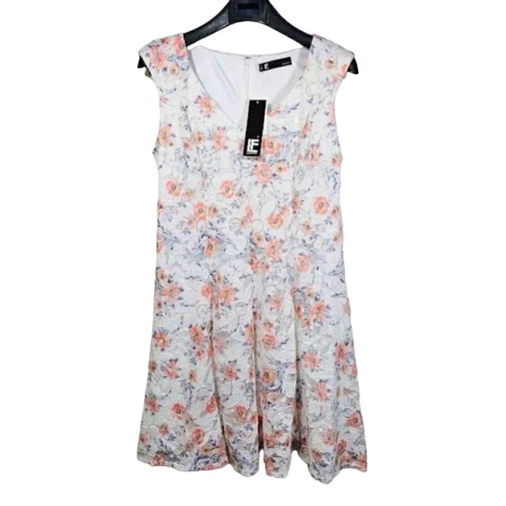 NWT LESLIE FAY Floral Dress size 12 IVORY PURPLE GREEN Lace Overlay Sleeveless